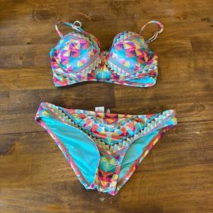 Bar III Underwire Bikini Top S Geometric Colorful Print & *Medium Cheeky Bottoms